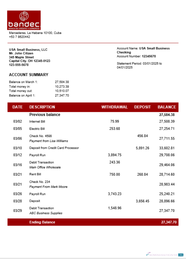Bandec Banco de Credito y Comercio business firm account bank statement Word and PDF format